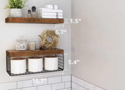 QEEIG Bathroom Shelves Over Toilet - Wall Mounted Floating Shelves Toilet Paper Storage Small Farmhouse Decor Shelf 16 inch Set of 2, Rustic Brown (019-BN2)