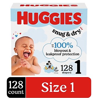 Huggies Snug & Dry newborn diapers Size 1 128‑count mega pack, fragrance free with wetness indicator and Disney print
