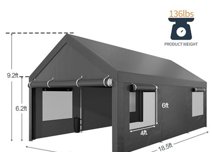 Shintenchi Carport 12' x 20' Heavy Duty Portable Garage, Carport Canopy with Side-Opening Door & Roll-Up Windows, Car Canopy for Truck,Car,Boat,Grey
