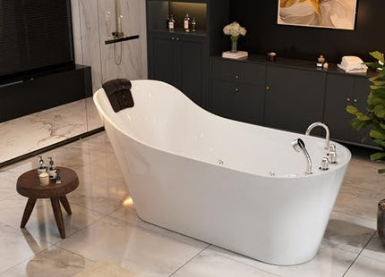 Empava 59" x 29" Freestanding Whirlpool Tub, Acrylic 560W Jetted Bathtub with 7 Hydromassage Nozzles,Lumbar and Neck Support,ETL Certified
