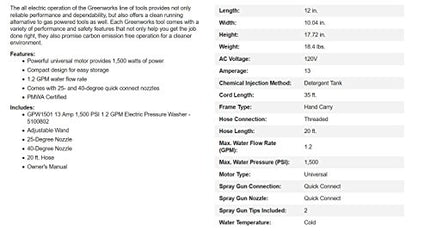 Greenworks Pro Brushless 3000 PSI (CSA Certified) 2.0 GPM Max / 1.1 GPM Electric Pressure Washer (Rugged Steel Frame, 25 FT Hose, 35 FT GFCI Power Cord)