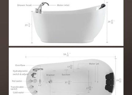 Empava 59" x 29" Freestanding Whirlpool Tub, Acrylic 560W Jetted Bathtub with 7 Hydromassage Nozzles,Lumbar and Neck Support,ETL Certified