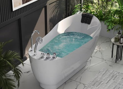 Empava 59" x 29" Freestanding Whirlpool Tub, Acrylic 560W Jetted Bathtub with 7 Hydromassage Nozzles,Lumbar and Neck Support,ETL Certified
