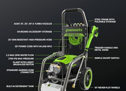 Greenworks Pro Brushless 3000 PSI (CSA Certified) 2.0 GPM Max / 1.1 GPM Electric Pressure Washer (Rugged Steel Frame, 25 FT Hose, 35 FT GFCI Power Cord)