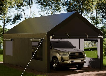 Shintenchi Carport 12' x 20' Heavy Duty Portable Garage, Carport Canopy with Side-Opening Door & Roll-Up Windows, Car Canopy for Truck,Car,Boat,Grey