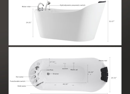 Empava 59" x 29" Freestanding Whirlpool Tub, Acrylic 560W Jetted Bathtub with 7 Hydromassage Nozzles,Lumbar and Neck Support,ETL Certified