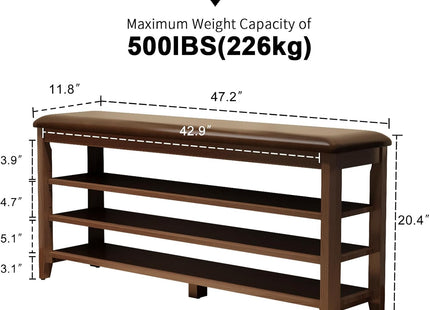 Shoe Bench with Leather Cushion, 3 Tiers Shoe Storage Bench, Walnut Wood Entryway Bench
