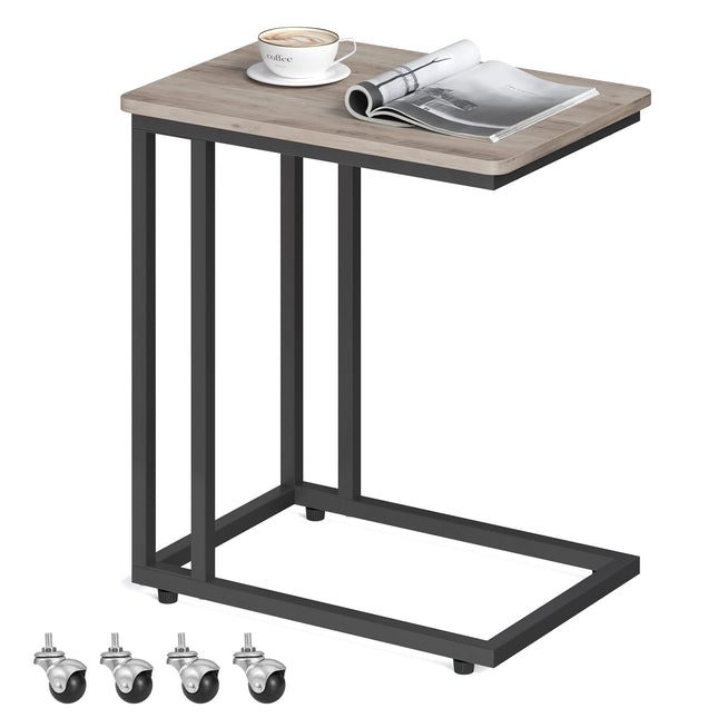 VASAGLE End Table, C Shaped TV Tray with Metal Frame Rolling Casters