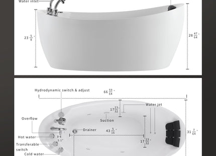 Empava 59" x 29" Freestanding Whirlpool Tub, Acrylic 560W Jetted Bathtub with 7 Hydromassage Nozzles,Lumbar and Neck Support,ETL Certified