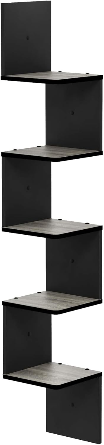 Furinno Rossi Wall Mount Floating Corner Shelf, 5-Tier Square, French Oak Grey/Black