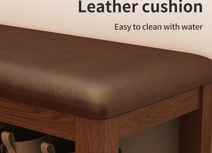 Shoe Bench with Leather Cushion, 3 Tiers Shoe Storage Bench, Walnut Wood Entryway Bench