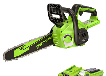 Greenworks 40V 12" Cordless Compact Chainsaw (Great For Storm Clean-Up, Pruning, and Camping), 2.0Ah Battery and Charger Included