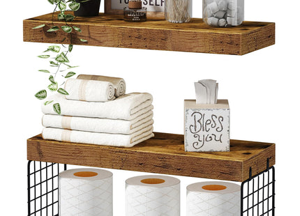 QEEIG Bathroom Shelves Over Toilet - Wall Mounted Floating Shelves Toilet Paper Storage Small Farmhouse Decor Shelf 16 inch Set of 2, Rustic Brown (019-BN2)