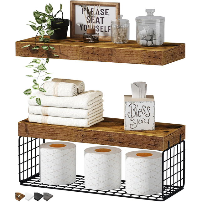 QEEIG Bathroom Shelves Over Toilet - Wall Mounted Floating Shelves Toilet Paper Storage Small Farmhouse Decor Shelf 16 inch Set of 2, Rustic Brown (019-BN2)