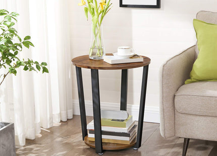 VASAGLE End Table, Round Side Table with Storage Shelf, Easy Assembly, Industrial Accent Furniture with Steel Frame, Rustic Brown and Black