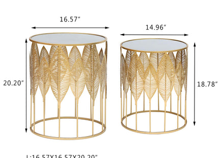 Adeco Set of 2 Nesting Side Tables, Decorative Round Metal Accent End Tables Nightstands, Coffee Table Plant Stand for Living Room Bedroom (Gold Leaf)