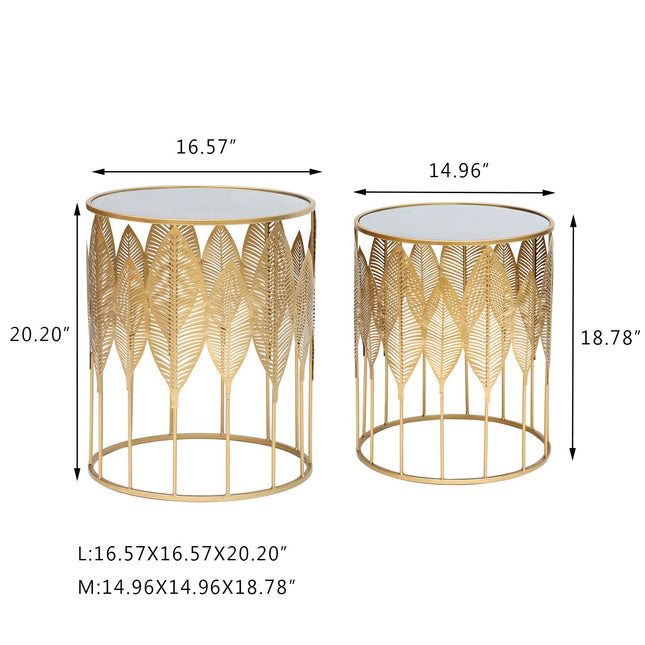 Adeco Set of 2 Nesting Side Tables, Decorative Round Metal Accent End Tables Nightstands, Coffee Table Plant Stand for Living Room Bedroom (Gold Leaf)