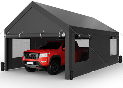 Shintenchi Carport 12' x 20' Heavy Duty Portable Garage, Carport Canopy with Side-Opening Door & Roll-Up Windows, Car Canopy for Truck,Car,Boat,Grey