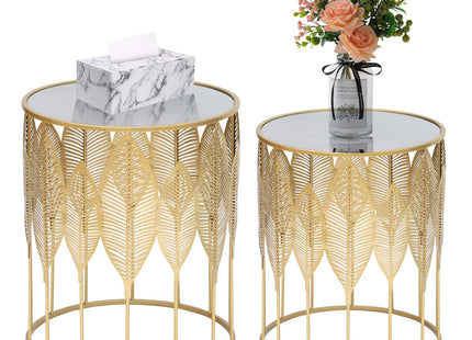 Adeco Set of 2 Nesting Side Tables, Decorative Round Metal Accent End Tables Nightstands, Coffee Table Plant Stand for Living Room Bedroom (Gold Leaf)