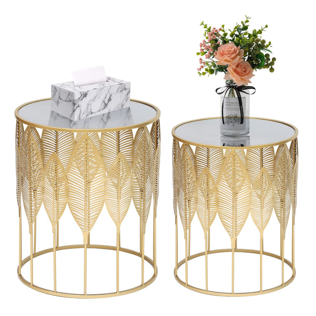 Adeco Set of 2 Nesting Side Tables, Decorative Round Metal Accent End Tables Nightstands, Coffee Table Plant Stand for Living Room Bedroom (Gold Leaf)