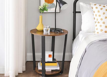 VASAGLE End Table, Round Side Table with Storage Shelf, Easy Assembly, Industrial Accent Furniture with Steel Frame, Rustic Brown and Black