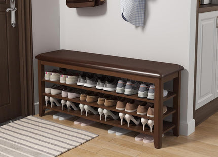 Shoe Bench with Leather Cushion, 3 Tiers Shoe Storage Bench, Walnut Wood Entryway Bench