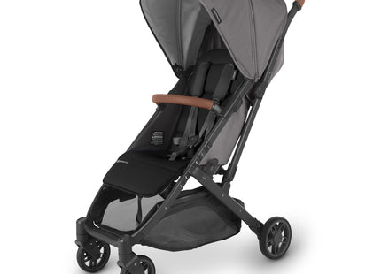 UPPAbaby Minu V2 Travel Stroller in Greyson color with compact fold, all-wheel suspension, and extendable UPF 50+ canopy.