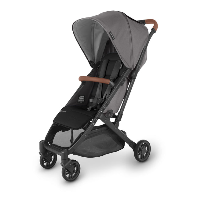 UPPAbaby Minu V2 Travel Stroller in Greyson color with compact fold, all-wheel suspension, and extendable UPF 50+ canopy.