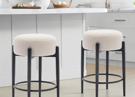 COLAMY Modern Bar Stools Set of 2, 24" Sherpa Counter Height Stools with Round Soft Padded Boucle Backless Seat and Metal Mid-Century Base, Cream