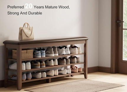 Shoe Bench with Leather Cushion, 3 Tiers Shoe Storage Bench, Walnut Wood Entryway Bench