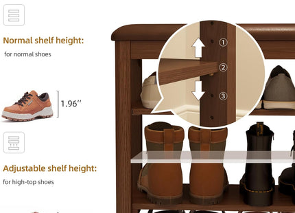 Shoe Bench with Leather Cushion, 3 Tiers Shoe Storage Bench, Walnut Wood Entryway Bench