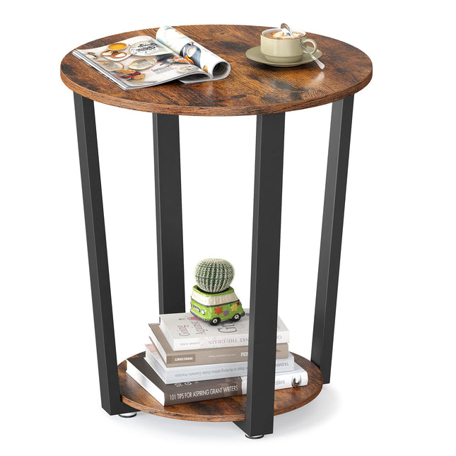 VASAGLE End Table, Round Side Table with Storage Shelf, Easy Assembly, Industrial Accent Furniture with Steel Frame, Rustic Brown and Black