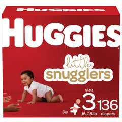 Huggies Little Snugglers Size 3 baby diapers 136‑count pack with GentleAbsorb liner, wetness indicator and Leak Lock protection