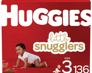 Huggies Little Snugglers Size 3 baby diapers 136‑count pack with GentleAbsorb liner, wetness indicator and Leak Lock protection