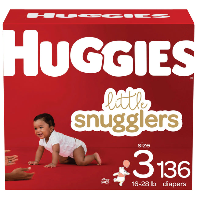 Huggies Little Snugglers Size 3 baby diapers 136‑count pack with GentleAbsorb liner, wetness indicator and Leak Lock protection