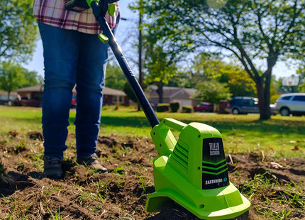 Earthwise Power Tools by ALM TC70020IT 20-Volt 7.5-Inch Cordless Electric Garden Tiller Cultivator, (2AH Battery & Fast Charger Included), Green