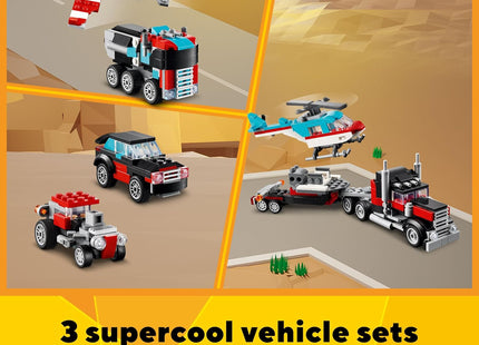 LEGO Creator 3 in 1 Flatbed Truck with Helicopter Toy, Transforms from Flatbed Truck Toy to Propeller Plane to Hot Rod and SUV Car