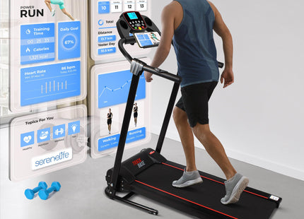 SereneLife Electric Folding Treadmill Exercise Machine - Smart Compact Digital Fitness Treadmill Workout Trainer w/Bluetooth App Sync, Manual Incline Adjustment, for Walking, Running, Gym
