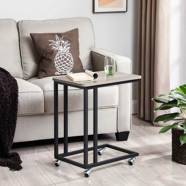 VASAGLE End Table, C Shaped TV Tray with Metal Frame Rolling Casters