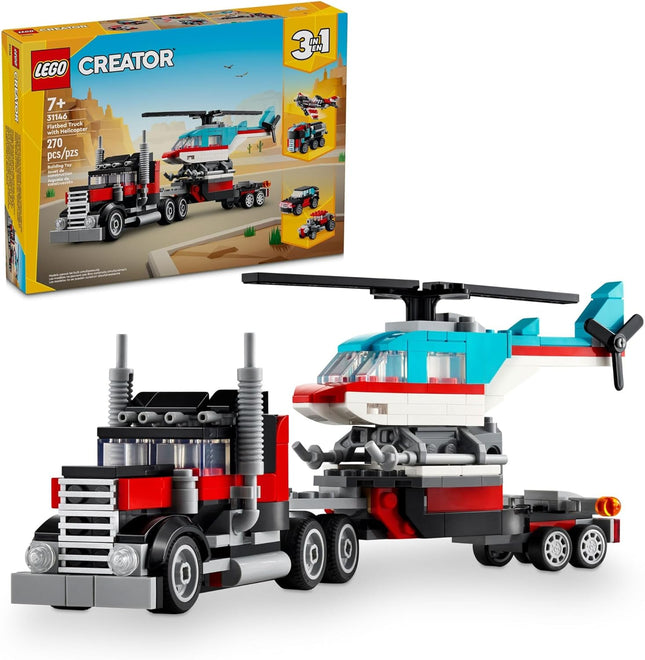 LEGO Creator 3 in 1 Flatbed Truck with Helicopter Toy, Transforms from Flatbed Truck Toy to Propeller Plane to Hot Rod and SUV Car