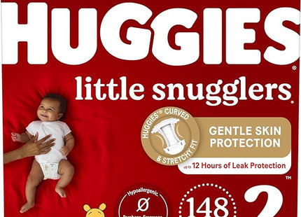 Huggies Little Snugglers Size 2 newborn diapers 148‑count bulk pack with GentleAbsorb liner and wetness indicator