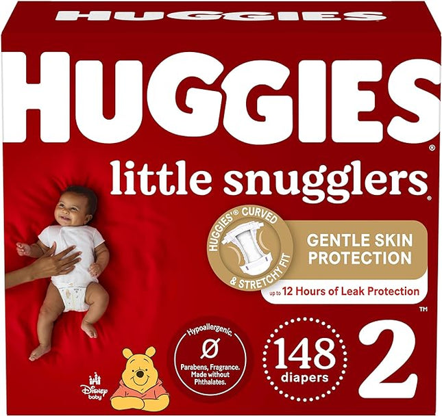 Huggies Little Snugglers Size 2 newborn diapers 148‑count bulk pack with GentleAbsorb liner and wetness indicator