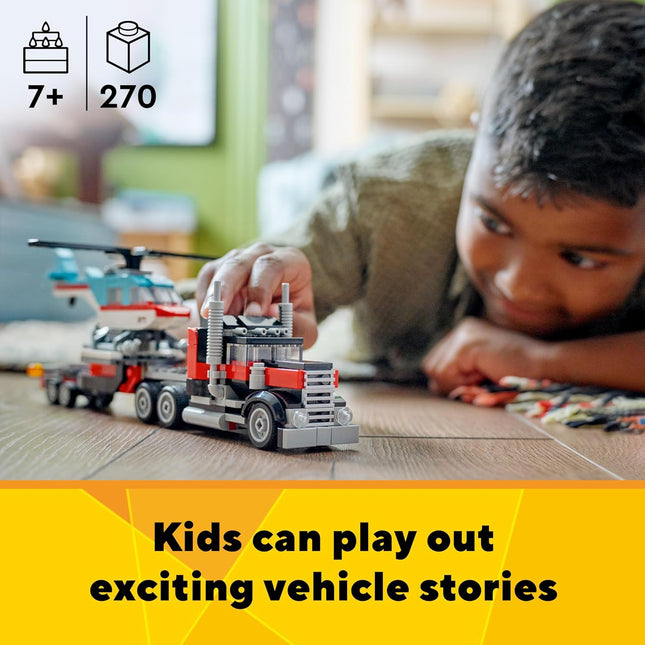 LEGO Creator 3 in 1 Flatbed Truck with Helicopter Toy, Transforms from Flatbed Truck Toy to Propeller Plane to Hot Rod and SUV Car