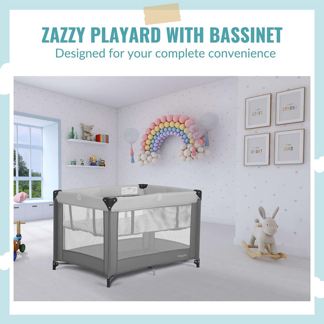 Dream On Me Zazzy Portable Playard with Bassinet in Grey, Packable and Easy Setup Baby Playard, Lightweight and Portable Playard for Baby with Mattress and Travel Bag