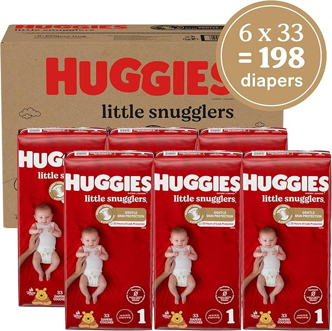 “Huggies Little Snugglers Size 1 newborn diapers, 198‑count bulk pack with Disney designs, gentle absorb liner, wetness indicator”
