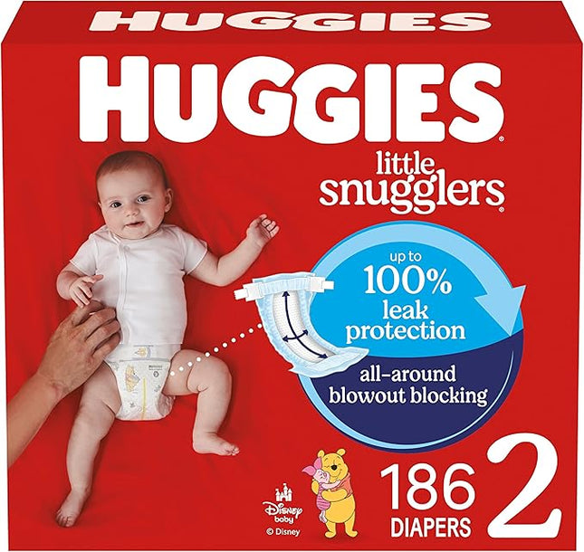 Huggies Little Snugglers Size 2 newborn diapers 186‑count bulk pack with GentleAbsorb liner and wetness indicator