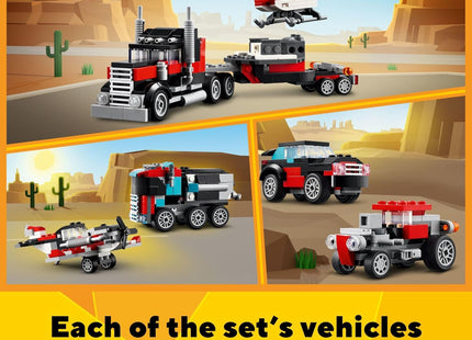 LEGO Creator 3 in 1 Flatbed Truck with Helicopter Toy, Transforms from Flatbed Truck Toy to Propeller Plane to Hot Rod and SUV Car