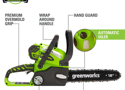 Greenworks 40V 12" Cordless Compact Chainsaw (Great For Storm Clean-Up, Pruning, and Camping), 2.0Ah Battery and Charger Included