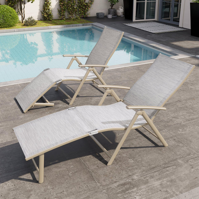 Crestlive Products Chaise Lounge Chair Outdoor Set of 2, Aluminum Folding Patio Recliner Chair, Adjustable 8 Positions Assemble-Free Perfect for Beach, Yard, Pool, Deck