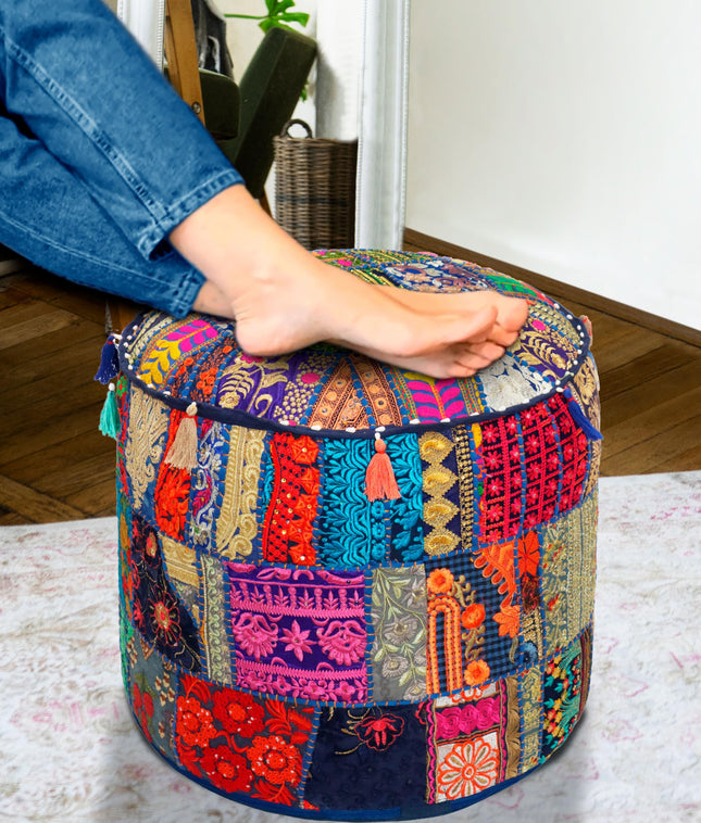 COTTON CRAFT Sari Patchwork Pouf - Embroidered Embellished Ottoman Foot Stool Bean Bag - Boho Eclectic Versatile Vintage Bed Room Dorm Accent Seating - Prefilled 15 H x 19 Round - Navy Blue Multicolor